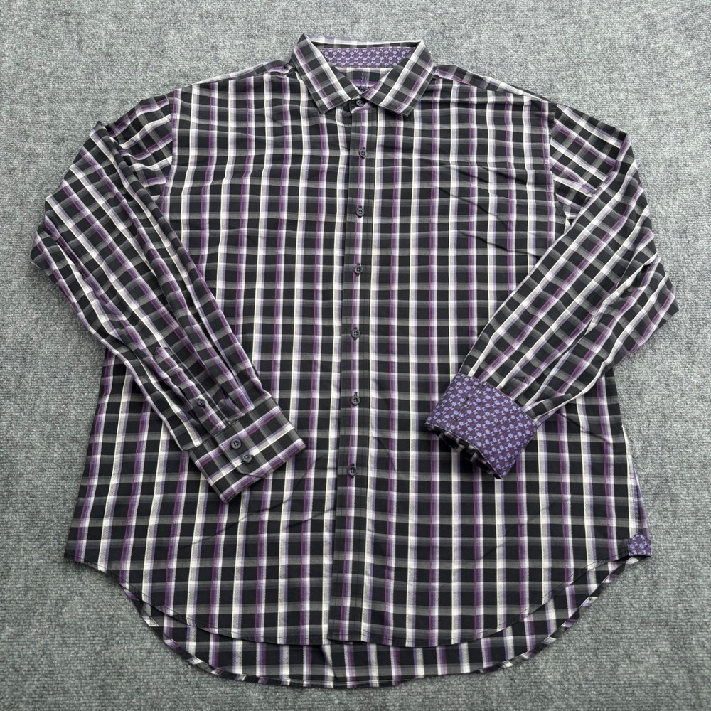 Robert Graham Shirt Mens XXL 2XL Purple Black Plaid Flip Cuff‎ Button Up
